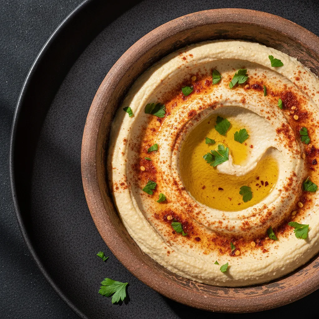 Humus, zeytinyağı, toz biber ve ekmekle