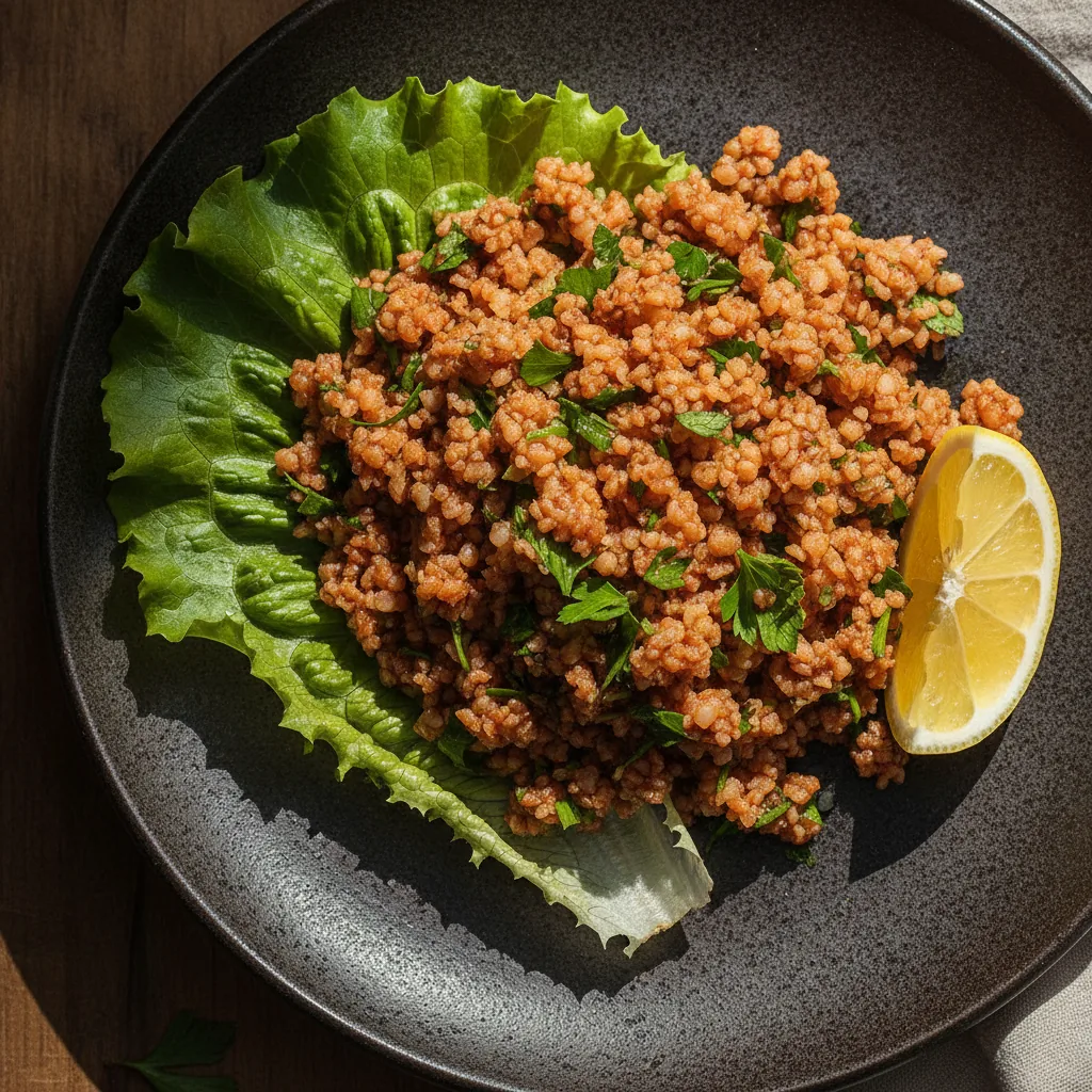 Kısır, marul yaprakları ve limonla servis edilmiş