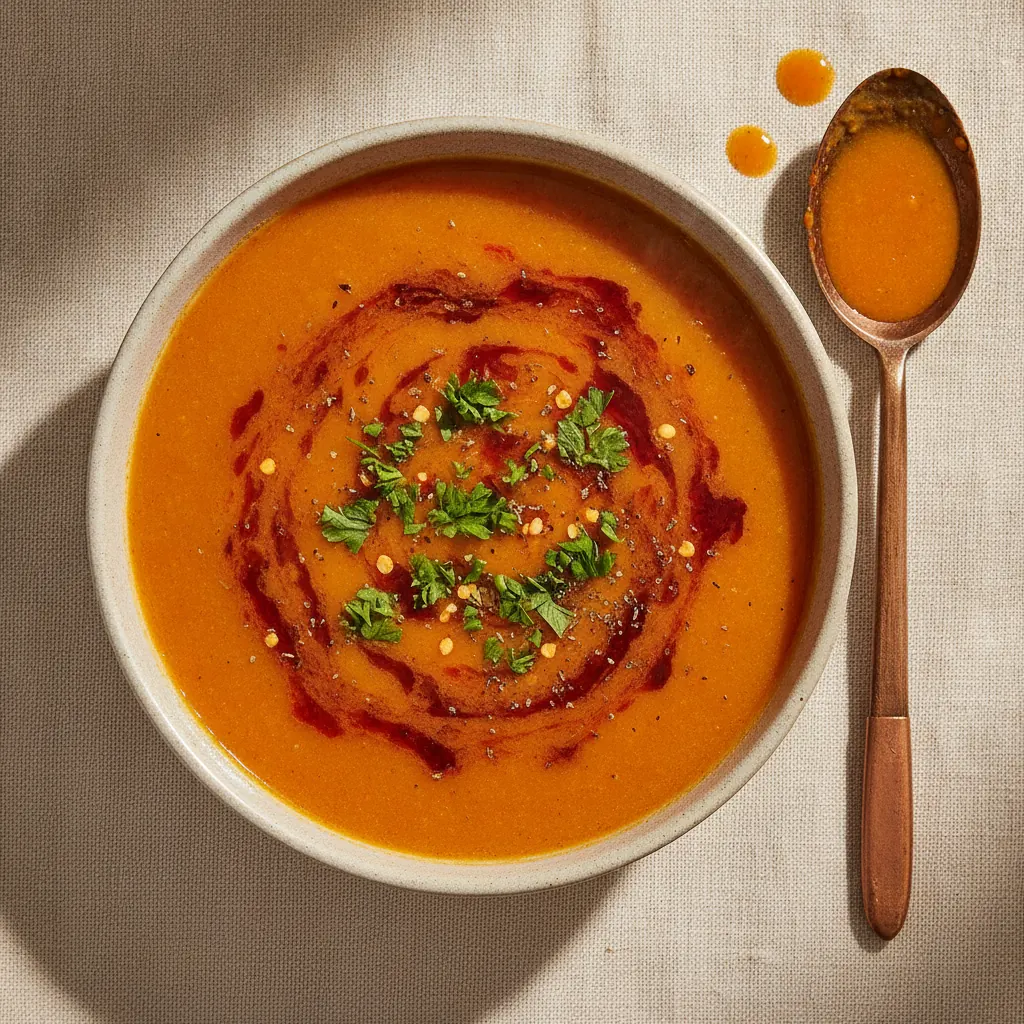Mercimek Çorbası, acı tereyağı ve maydanozla servis edilmiş